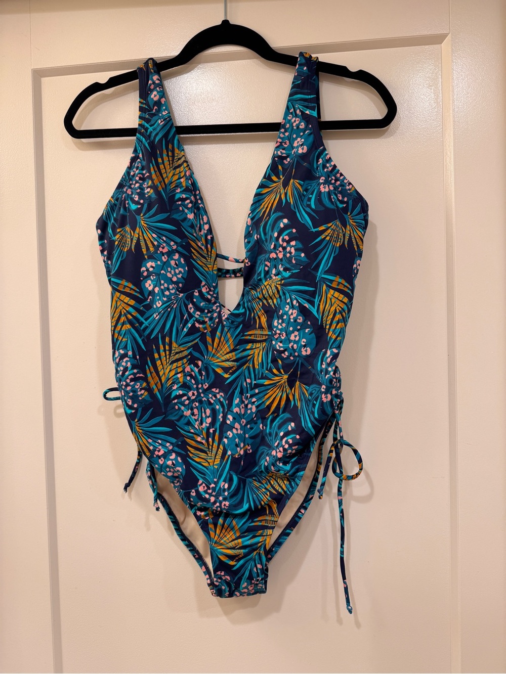 Swimsuits For All Plunge Neckline Tropical Leaf One-Piece - Teal, Yellow, Navy